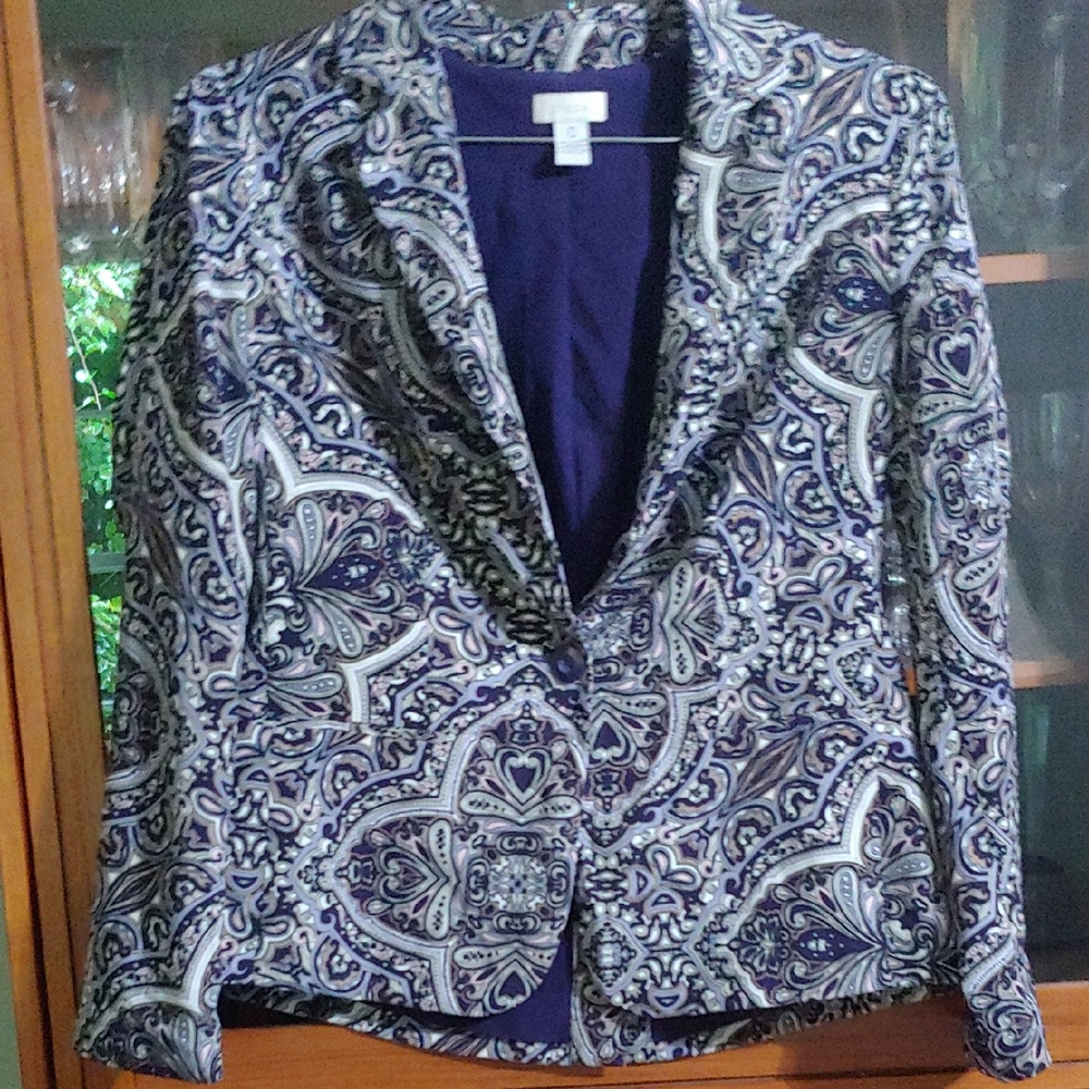 Chico's Blue and White Paisley Blazer, Lined